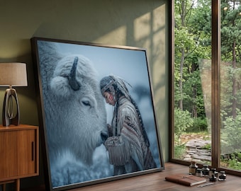 Native American Woman with White Buffalo Canvas, Winter Wildlife Wall Art, Spiritual Animal Connection, Snowy Landscape Canvas, Ethnic