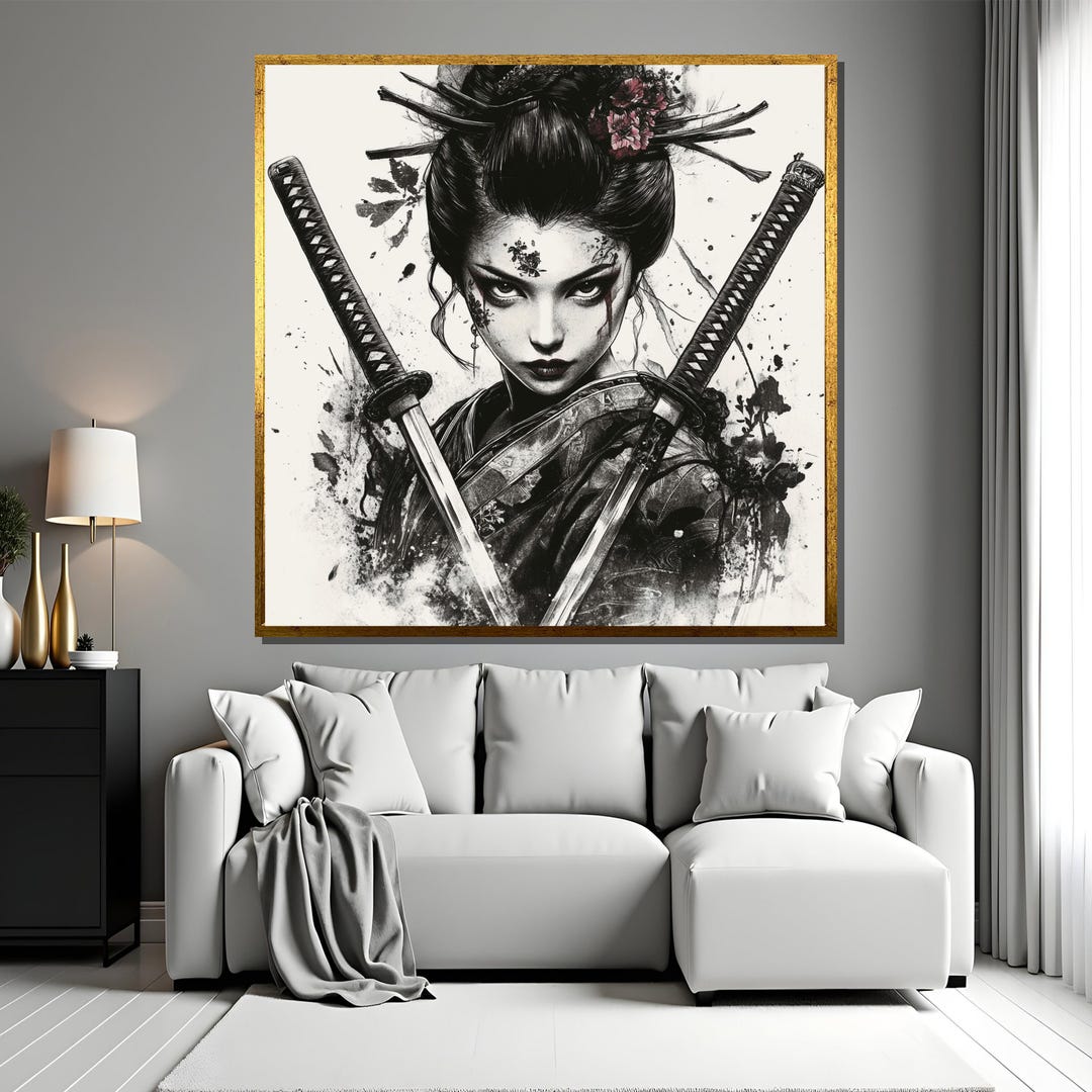 Samurai Geisha Wall Art, Japanese Warrior Woman Canvas, Katana Sword ...
