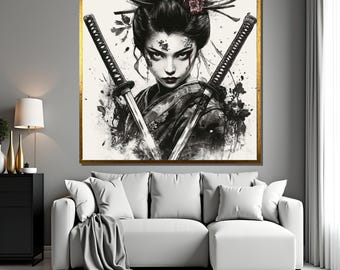 Samurai Geisha Wall Art, Japanese Warrior Woman Canvas, Katana Sword Painting, Dark Asian Decor, Modern Home Artwork