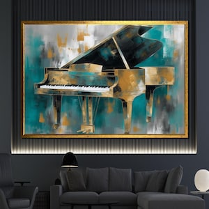 Elegante cuadro sobre lienzo de piano de cola: arte musical para pared, decoración moderna en dorado y verde azulado, regalo perfecto para amantes de la música