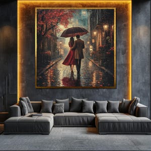 Romantic Couple Walking in Rain Canvas Painting Cityscape Wall Art Modern Home Decor Anniversary Gift