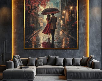 Romantic Couple Walking in Rain Canvas Painting Cityscape Wall Art Modern Home Decor Anniversary Gift