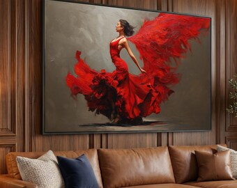 Graceful Flamenco Dancer Canvas, Red Dress Flowing Art, Elegant Woman Silhouette, Dramatic Movement Wall Decor, Modern Home Canvas