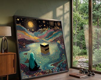 Mystical Night Prayer Scene Canvas, Islamic Art Wall Decor, Spiritual Crescent Moon Canvas, Intricate Kaaba Illustration, Vibrant Sacred