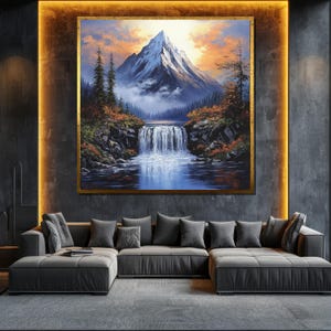 Mountain Waterfall Canvas Painting, Serene Nature Landscape Wall Art, Autumn Forest Gift for Home Decor