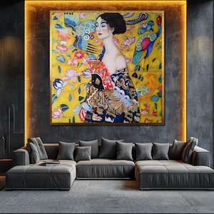 Gustav Klimt Lady with Fan Canvas Painting, Art Nouveau Wall Decor, Vibrant Classic Art, Elegant Gift