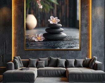 Obraz na płótnie Zen Stone and Flower Minimalistyczna sztuka ścienna Spa do relaksującego wystroju domu i pomysłu na prezent