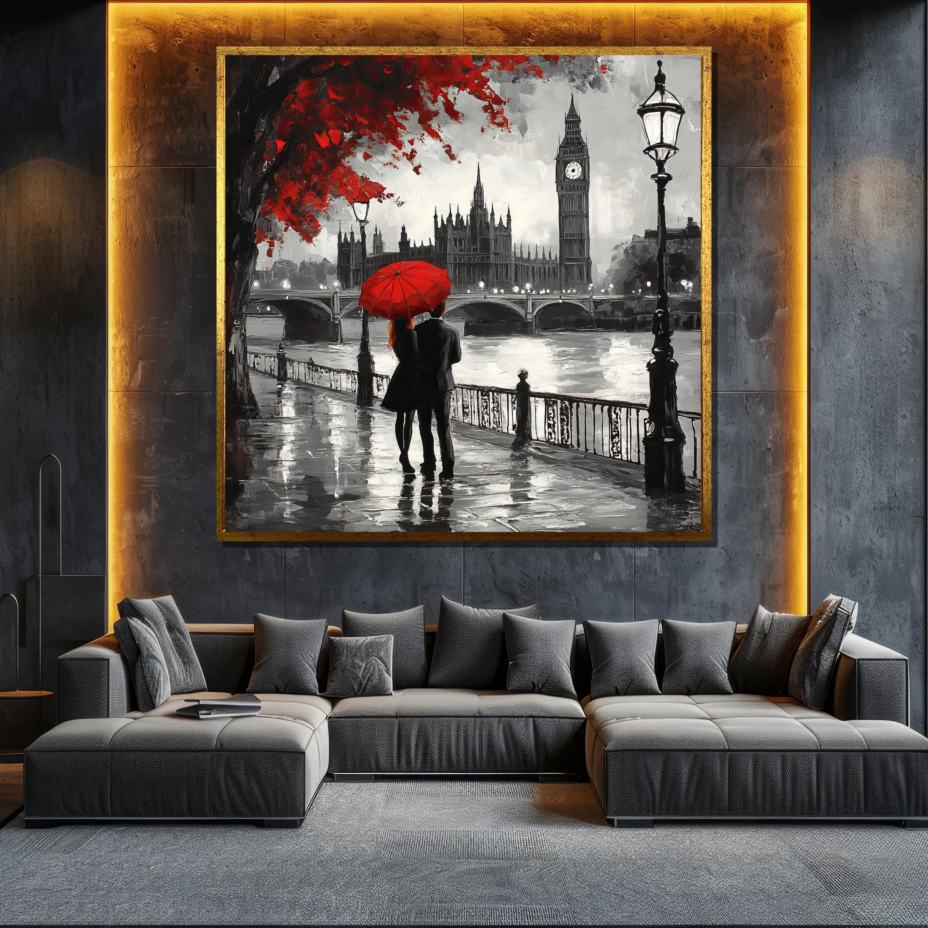 Couple with Red Umbrella Canvas Painting London Cityscape Wall Art Romantic Gift for Home or Bedroom Decor