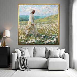Jesus walking in meadow canvas painting wall art Christian decor religious artwork faith home design spiritual canvas gift for living room