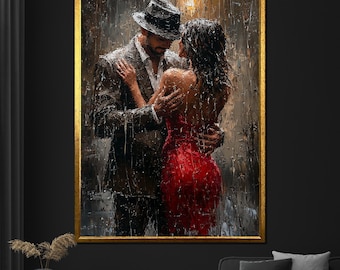 Romantic Couple Dancing in the Rain Canvas Painting Elegant Love Wall Art Gift for Bedroom or Living Room Decor