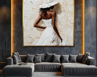 Peinture abstraite sur toile femme - femme élégante au chapeau blanc - oeuvre d'art murale moderne - cadeau unique pour elle - décoration d'intérieur texturée