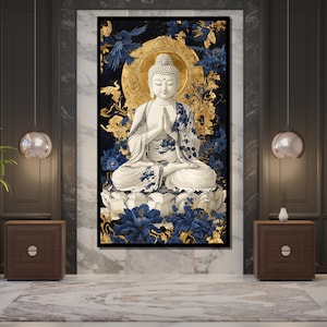 Golden and Blue Buddha Canvas Painting Elegant Spiritual Wall Art for ...