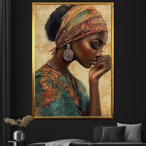 African Woman Canvas Painting, Elegant Afrocentric Wall Art, Vibrant Cultural Gift for Home Decor