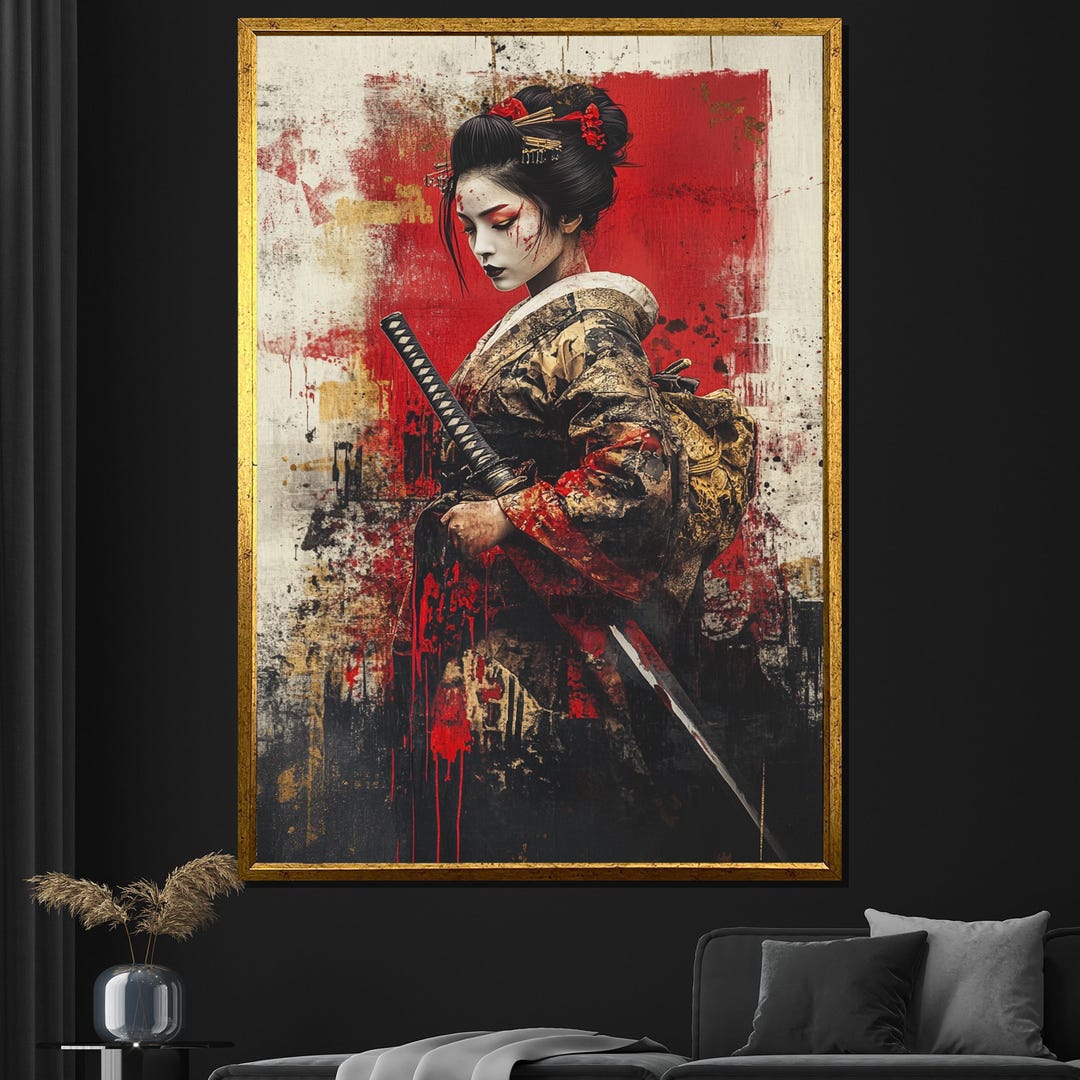 Samurai Geisha With Katana Canvas Art, Japanese Warrior Woman Wall ...