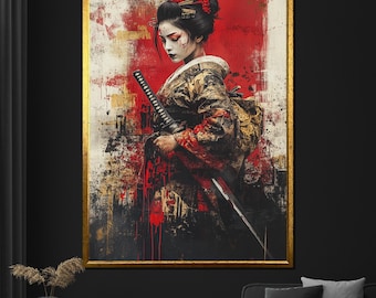 Samurai Geisha with Katana Canvas Art, Japanese Warrior Woman Wall Decor, Dramatic Red Abstract Painting for Home