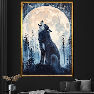 Wolf Canvas Painting Moonlight Wall Art for Living Room Large Wildlife Artwork Gift for Nature Lovers