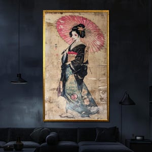 Traditional Geisha Canvas Painting, Vintage Japanese Wall Art, Elegant Asian-Inspired Gift for Home Decor