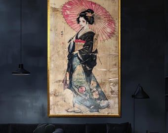 Traditional Geisha Canvas Painting, Vintage Japanese Wall Art, Elegant Asian-Inspired Gift for Home Decor
