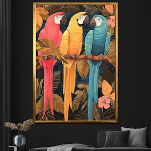 Three Parrots Canvas Painting Tropical Wall Art with Colorful Birds Exotic Jungle Decor Gift for Nature and Art Lovers