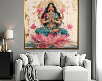 Hindu goddess Lakshmi with lotus flowers spiritual art canvas painting wall decor meditation artwork bohemian style home gift