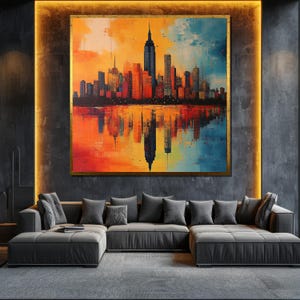 Colorful City Skyline Canvas Painting - Abstract Urban Wall Art for Living Room Decor, Modern Cityscape Gift