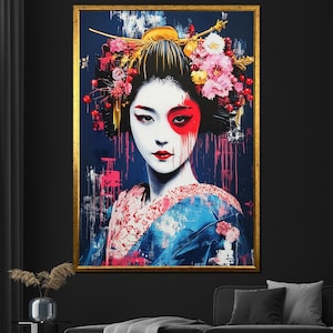 Pintura abstrata em tela de gueixa, arte japonesa, decoração de parede colorida, presente exclusivo para sala de estar