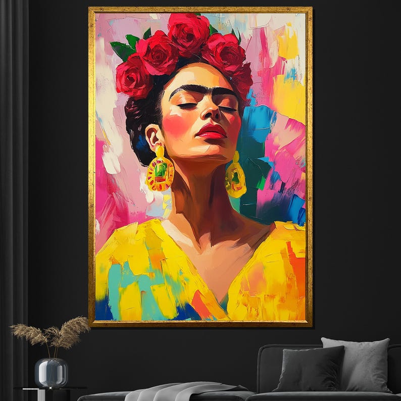 Pintura en lienzo de Frida Kahlo, arte de pared colorido, retrato de ícono mexicano, decoración de pared grande, regalo único para amantes del arte imagen 1