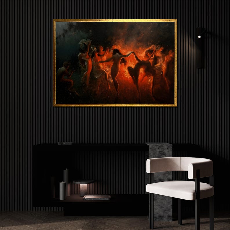 Mystical Fire Dance Canvas Painting, Dramatic Wall Art, Ethereal Women Dancing, Fiery Scene Artwork, Unique Home Decor, Gift image 2