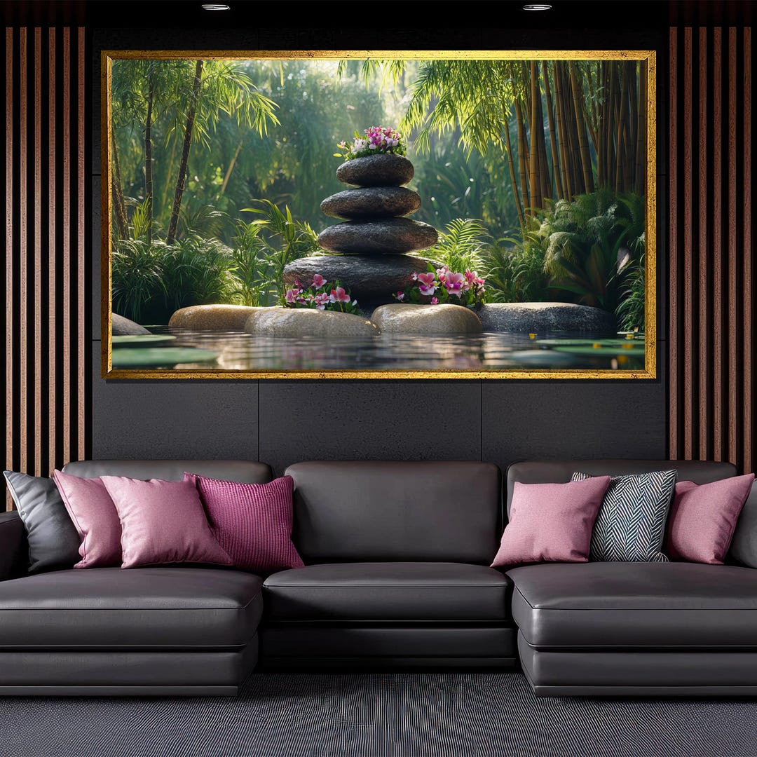 Zen Garden Canvas Painting Stacked Stones With Flowers Wall Art ...