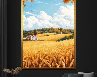 Cuadro sobre lienzo con campo de trigo dorado: arte de pared rústico de granja para decoración de sala de estar, regalo de paisaje campestre