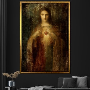 Virgin Mary with sacred heart glowing light religious wall art canvas painting for spiritual home decor gift