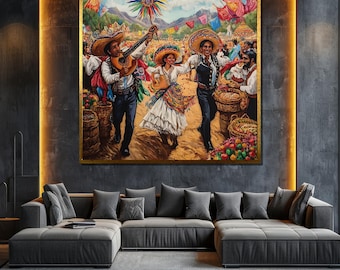 Mexican Fiesta Canvas Painting - Colorful Folk Art for Living Room Wall Decor - Vibrant Gift for Art Lovers