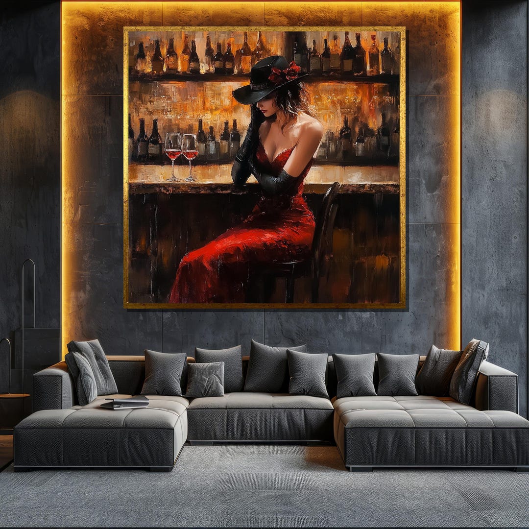 Red Dress Bar Scene Canvas Painting Modern Wall Art Elegant Woman Decor ...