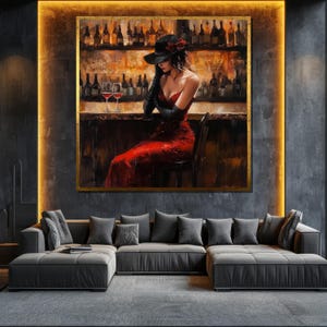 Red Dress Bar Scene Canvas Painting Modern Wall Art Elegant Woman Decor Large Wall Art Unique Gift for Art Lovers
