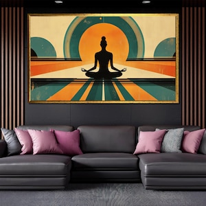 Retro Meditation Canvas Painting Yoga Silhouette Wall Art Modern Spiritual Decor Vibrant Gift for Relaxation and Zen Spaces