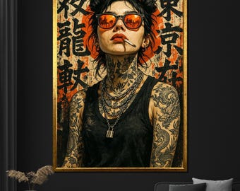 Modern Japanese Street Art Canvas Painting, Tattooed Woman Wall Decor, Cool Girl Poster, Urban Graffiti Style Gift