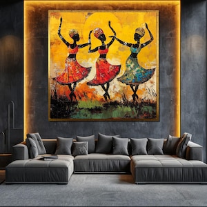 African Tribal Dancers Canvas Painting, Colorful Wall Art, Textured Oil Painting for Living Room Decor, Gift for Art Lovers