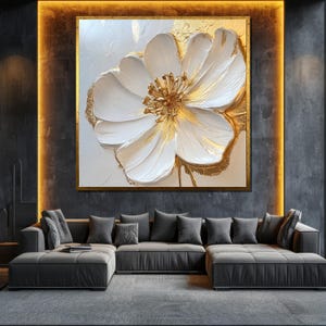 Luxury White and Gold Flower Canvas Painting - Elegant Wall Art for Living Room Decor - Unique Gift for Art Lovers