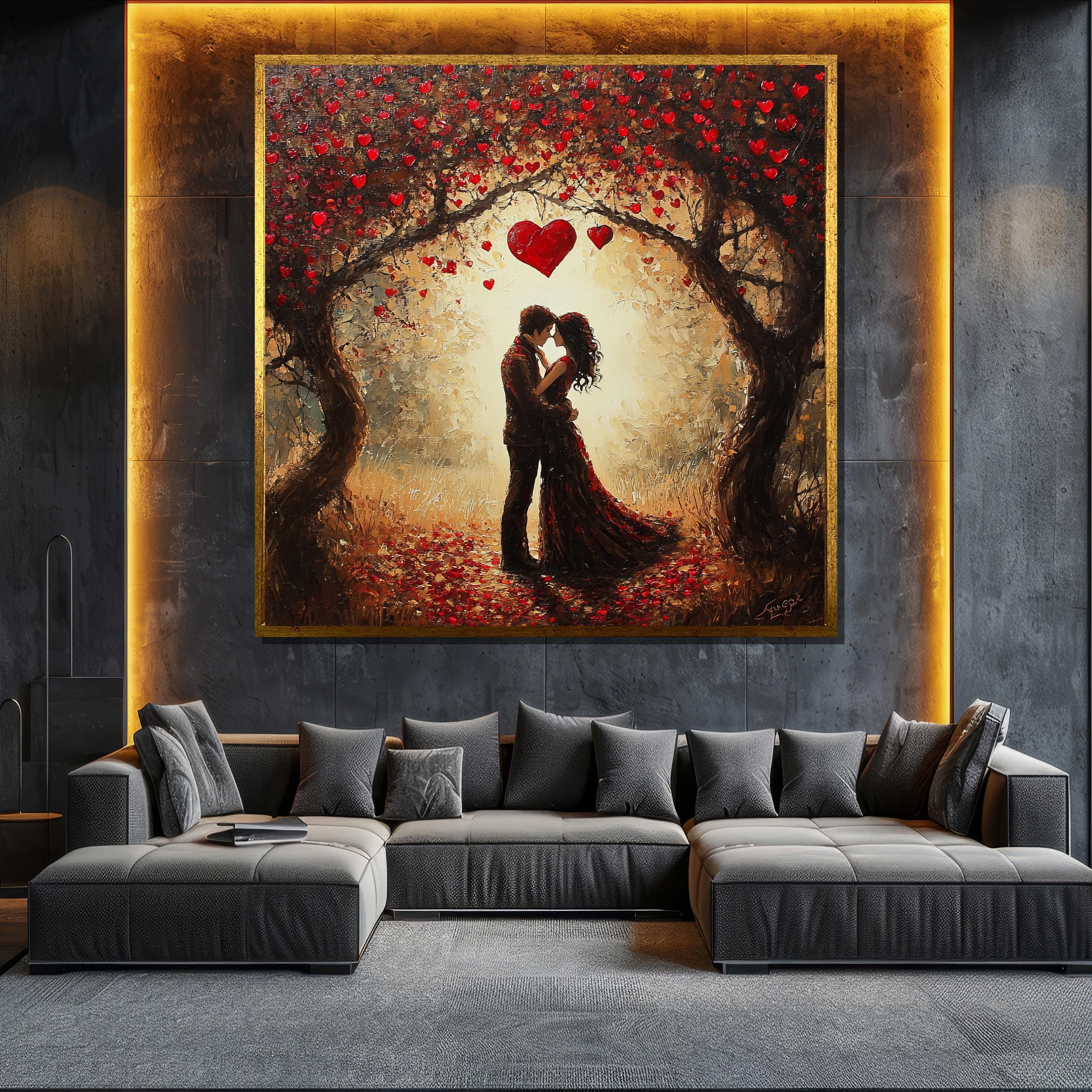Romantic Couple Under Heart Tree Canvas Painting Love Wall Art for