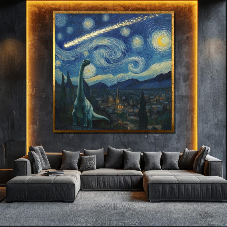Dinosaur Starry Night Canvas Painting Unique Wall Art for Kids Room Decor and Dinosaur Lovers Gift image 1