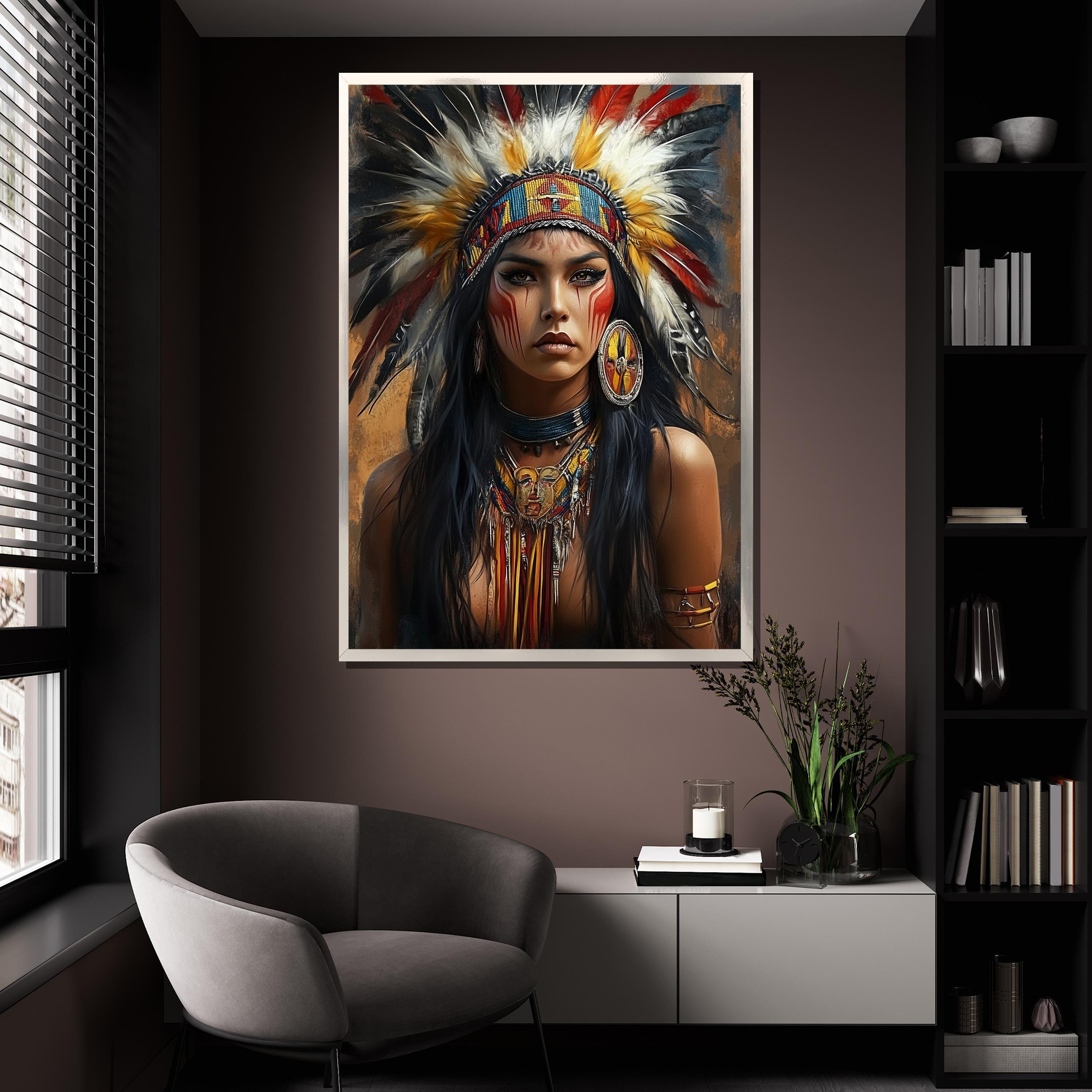 Native American Woman Canvas Painting Tribal Headdress Art Bold Wall ...