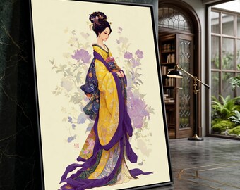 Elegant Geisha Traditional Kimono Canvas Art, Japanese Woman Portrait, Floral Background Wall Decor, Asian Home Decoration