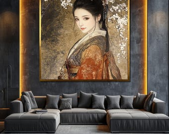 古代中国のカップルのキャンバスアート、伝統的な漢服の絵画