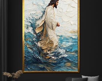 Jesus Walking on Water Canvas Painting, Religious Wall Art, Christian Home Decor, Spiritual Artwork, Faith-Inspired Gift