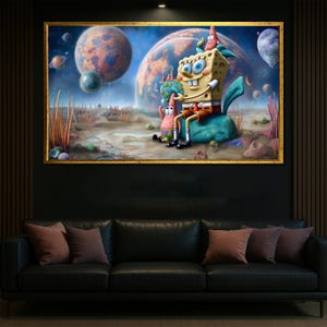 SpongeBob and Patrick canvas painting space cartoon wall art print for kids room decor fun gift for fans