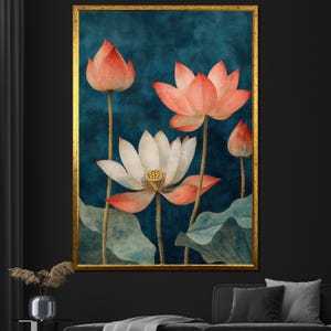 エレガントな蓮の花のキャンバス絵画。ヴィンテージウォールアート。自然にインスパイアされた装飾。禅やリラクゼーションスペースに最適なギフト。