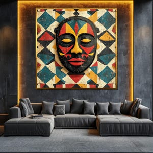 Tribal Mask Canvas Painting - Vibrant African Art Wall Decor, Bold Cultural Design, Perfect Gift for Art Enthusiasts