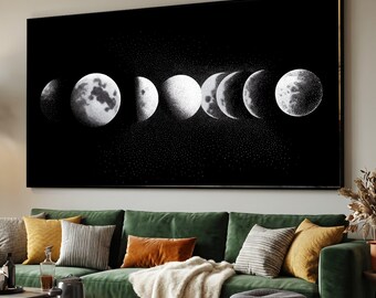 Lunar Phases Canvas Wall Art, Moon Cycle Illustration, Celestial Home Decor, Black and White Space Art, Modern Astronomy Canvas
