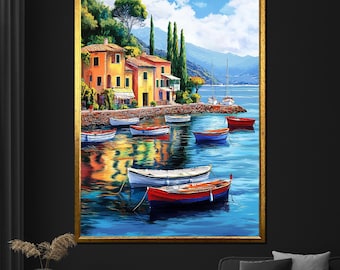 Mediterranean Coastal Village Canvas Painting, Vibrant Boat and Sea Wall Art, Nautical Home Decor, Perfect Gift for Art Lovers