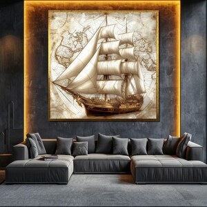 Cuadro sobre lienzo de barco de vela antiguo, arte de pared náutico, obra de arte de fondo de mapa antiguo, regalo de decoración del hogar marítimo